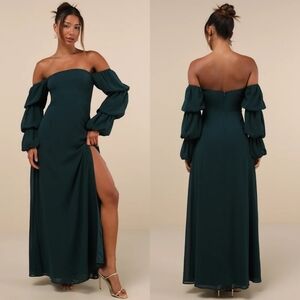 Lulus Demure Aura Emerald Tiered Balloon Sleeve Off-the-Shoulder Dress Wedding